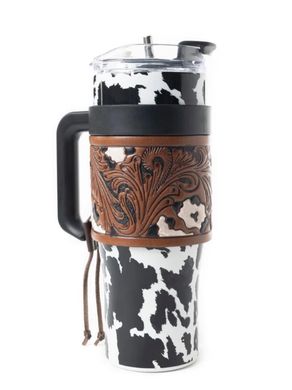 Black Cowhide Pattern Insulated Travel Mug with Leather Wrap